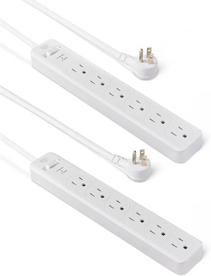 Rectangle 6-Outlet, 600 Joule Surge Protector Power Strip, 2ft, Small, White, 2-Pack