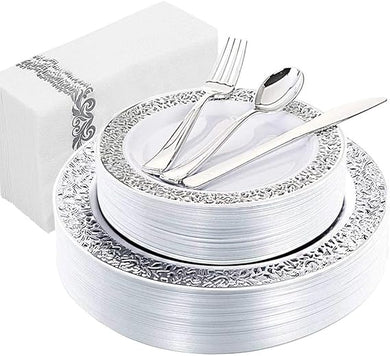 Disposable Silver Plates and Napkins Dinnerware Set 150 pieces