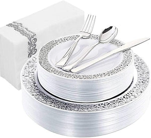Disposable Silver Plates and Napkins Dinnerware Set 150 pieces