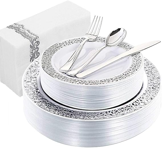 Disposable Silver Plates and Napkins Dinnerware Set 150 pieces