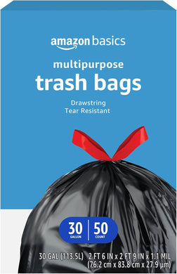 Drawstring Trash Bags, 30 Gallon, 50 Count