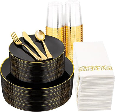 Supernal 350pcs Black & Gold Plastic Dinnerware Set