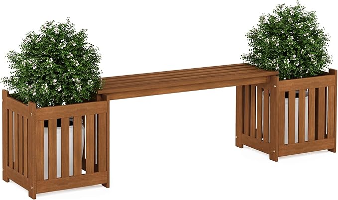 FURINNO FG19455 Tioman Hardwood Outdoor Lifestyle Flowerbox with Bench