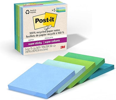 Post-it 100% Recycled Paper Super Sticky Notes 3x3 in, 5 Pads