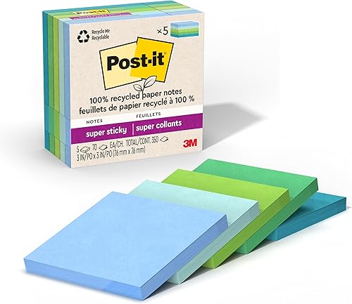 Post-it 100% Recycled Paper Super Sticky Notes 3x3 in, 5 Pads