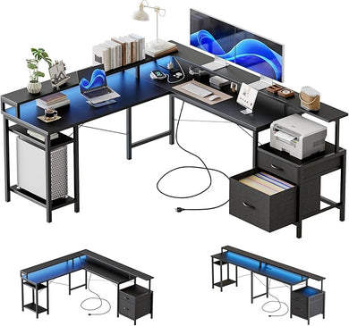 Modern L-Shaped Computer Desk with RGB Lights & Power Outlets