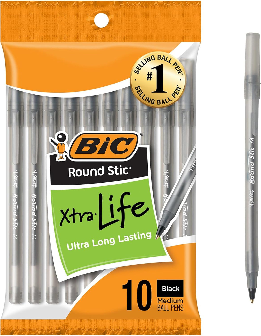 BIC Round Stic Xtra Life Black Ballpoint Pens