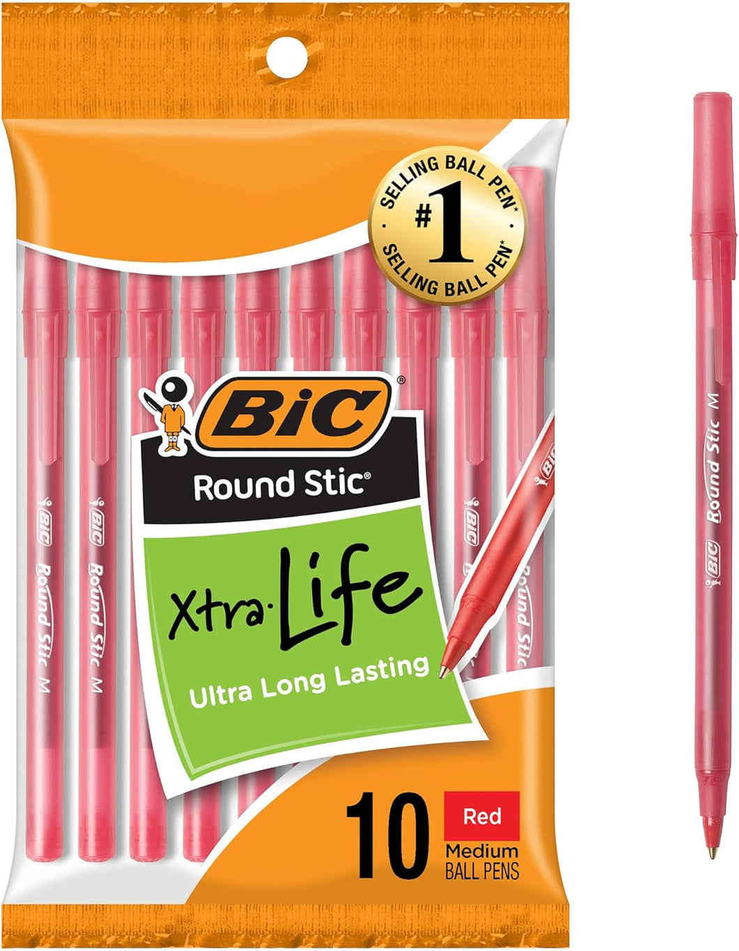 BIC Round Stic Xtra Life Red Ballpoint Pens 10-Count