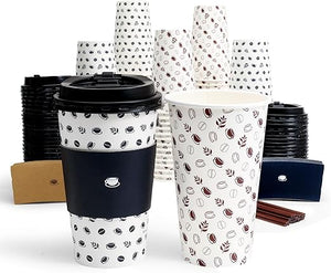 To Go 16oz Coffee Cups with Lids, Sleeves and Stirrers (100 Pack)