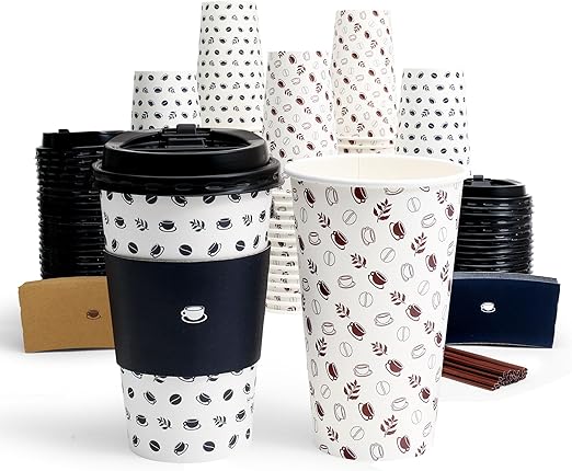 To Go 16oz Coffee Cups with Lids, Sleeves and Stirrers (100 Pack)