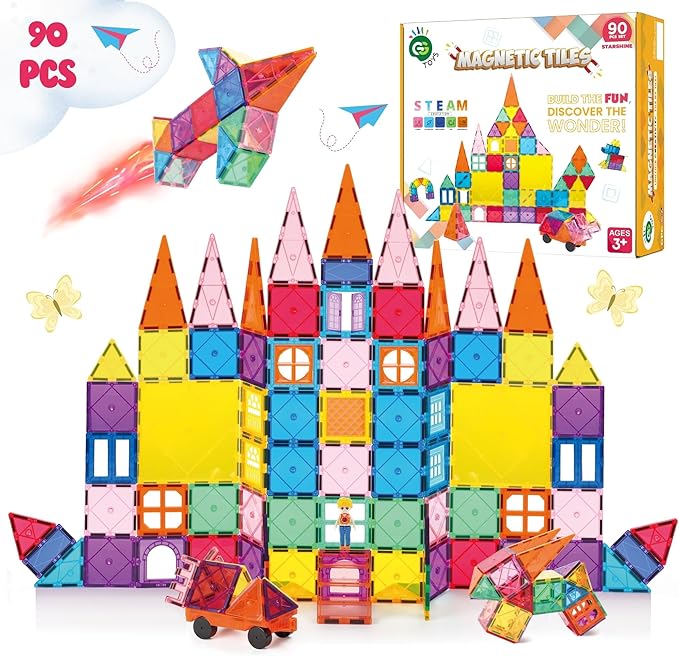 Magnetic Tiles 90 PCS Rainbow Castle Set Magnetic Blocks