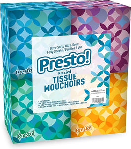 Presto! Ultra-Soft 3-Ply Premium Facial Tissues, 264 Count (4 Packs of 66)