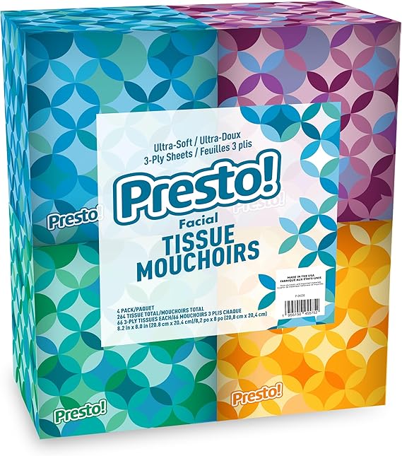 Presto! Ultra-Soft 3-Ply Premium Facial Tissues, 264 Count (4 Packs of 66)
