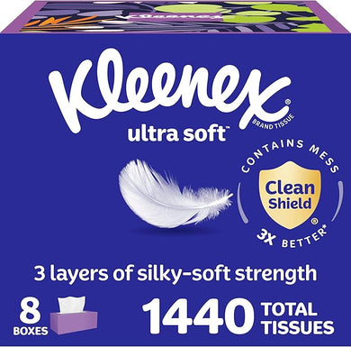 Kleenex Ultra Soft Facial Tissues, 8 Flat Boxes, 180 Tissues per Box