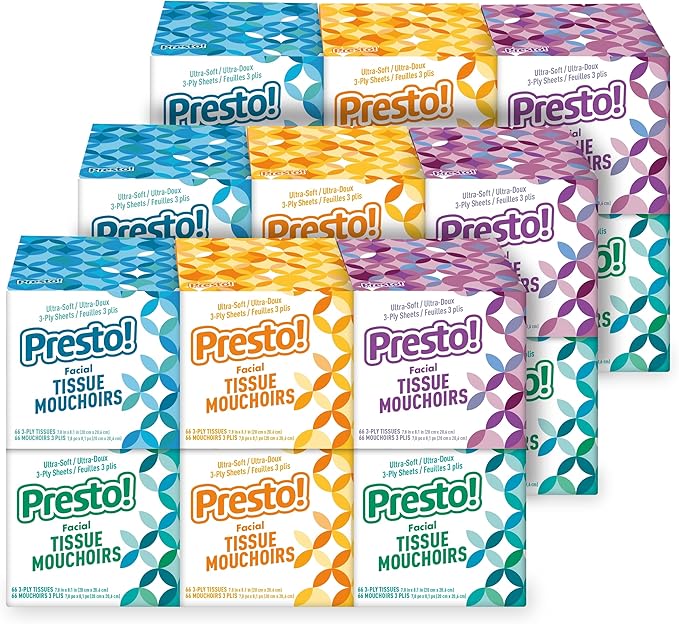 Presto! Ultra-Soft 3-Ply Premium Facial Tissues, (18 Packs of 66)